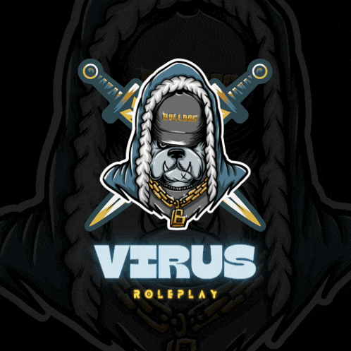 a logo for virus roleplay with a bulldog in a hoodie