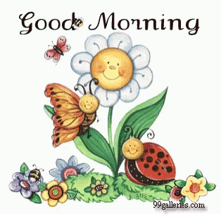 a ladybug and a butterfly are on a flower with the words good morning below them