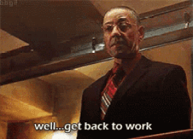 a man in a suit and tie is saying " well get back to work "
