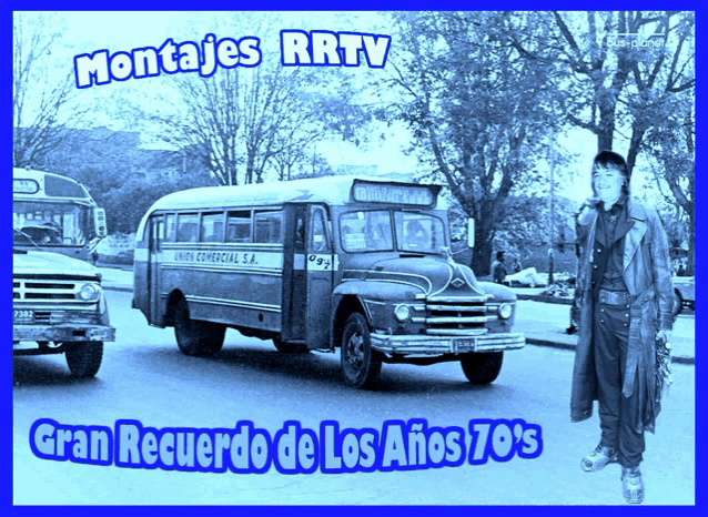 a black and white photo of a bus with the words montajes rrtv gran recuerdo de los años 70 's