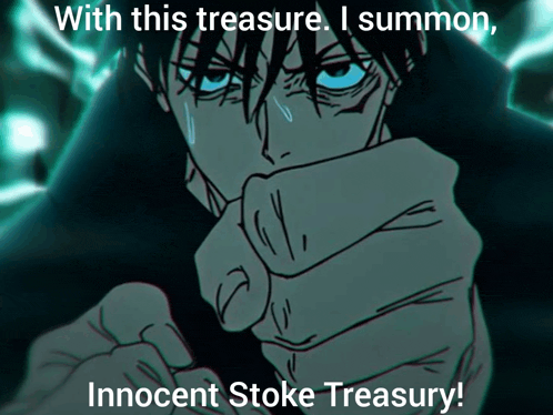 a man with blue eyes is pointing at the camera with the caption with this treasure i summon innocent stoke treasury !