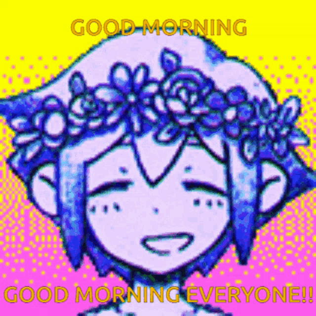 a pixel art of a girl with a flower crown on her head says good morning everyone .