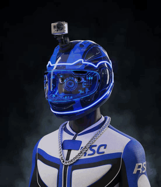 a man wearing a helmet with a camera attached to it and the letter sc on his chest