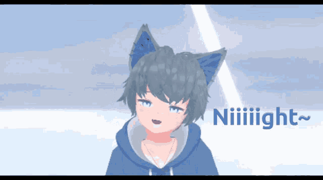 a cartoon character with blue ears and the words niiiiiight