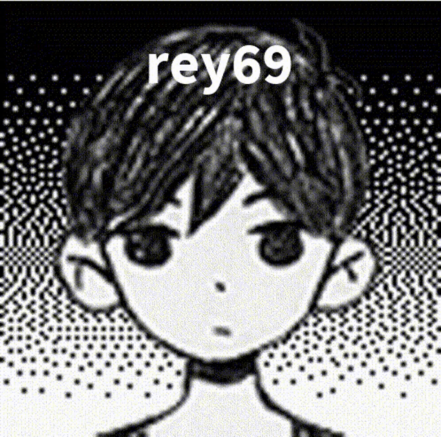 a black and white drawing of a boy with the name rey69 on his head .