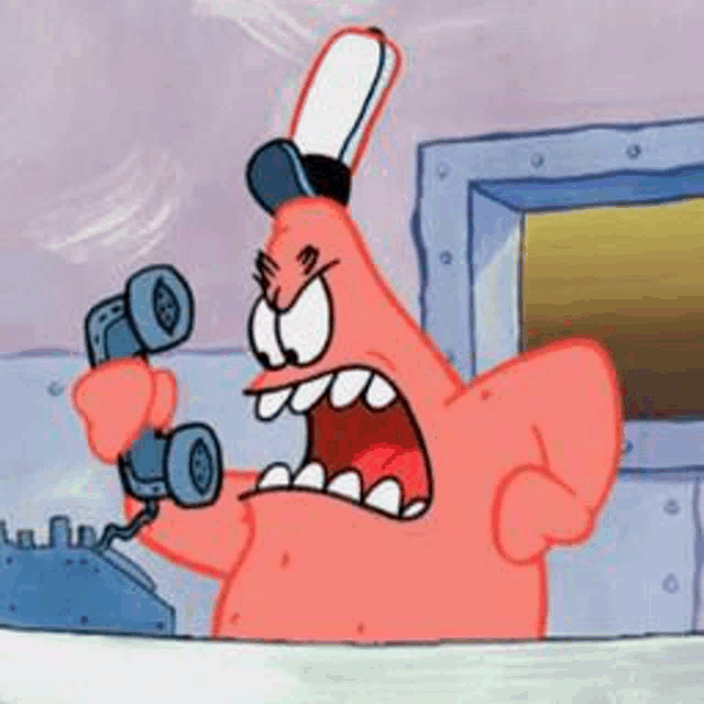 patrick star from spongebob squarepants is angry and talking on a phone .