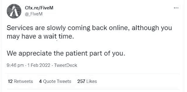 services are slowly coming back online , although you may have a wait time . we appreciate the patient part of you . tweetdeck