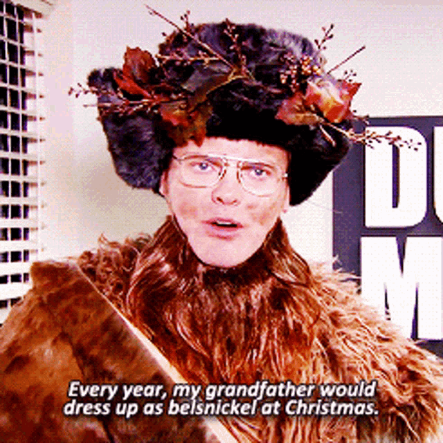 a man wearing a fur coat and a hat says " every year my grandfather would dress up as belsnickel at christmas "