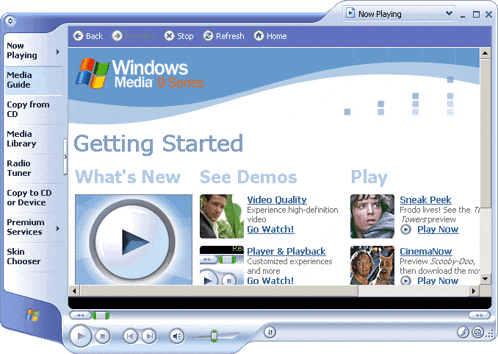 a windows media player shows a getting started page