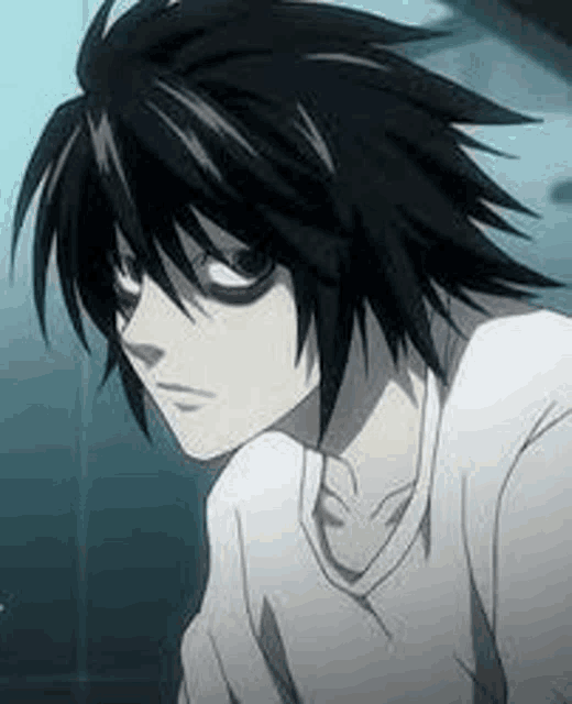 l from death note is a black and white anime character with a white shirt .