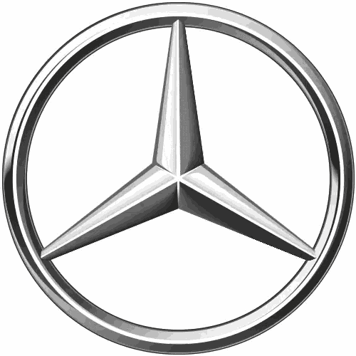 a silver mercedes logo with three triangles in a circle on a white background