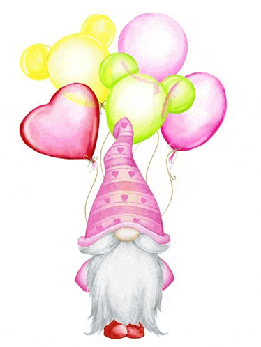 a gnome in a pink hat is holding balloons in the shape of hearts .