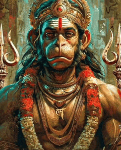 a painting of a monkey with a trident and a necklace that says ram