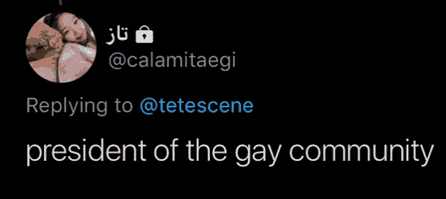 a black background with a picture of a woman and the words replying to @tetescene president of the gay community