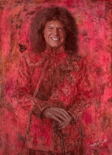 a painting of a man with long hair holding a sword and smiling .