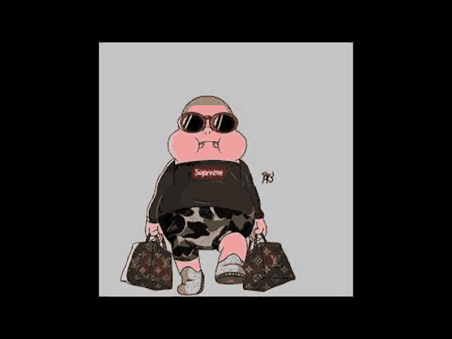 a cartoon of a fat pig wearing a supreme shirt and sunglasses holding two bags .