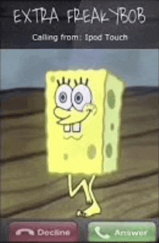 a picture of spongebob talking on a cell phone .