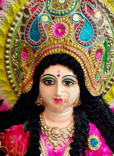 a close up of a statue of a woman with a colorful crown on her head