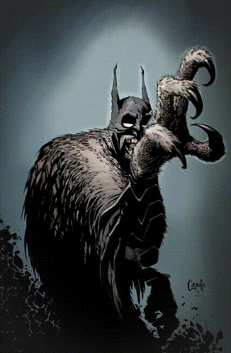 a black and white drawing of a batman with the letters cc on the bottom right