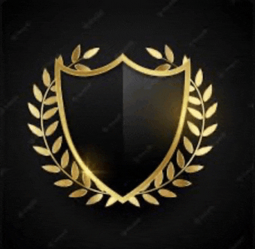 a black shield with gold laurel wreath around it on a black background