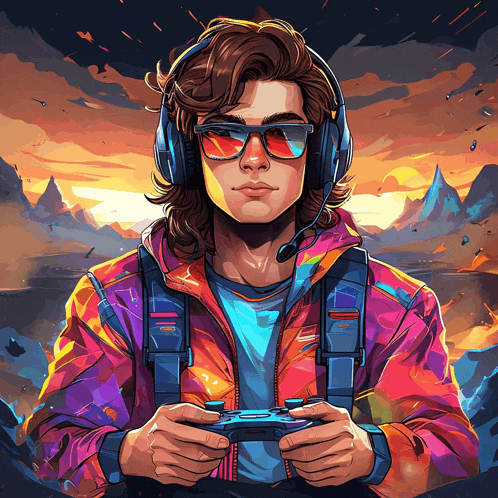 a colorful illustration of a man wearing headphones and sunglasses holding a video game controller