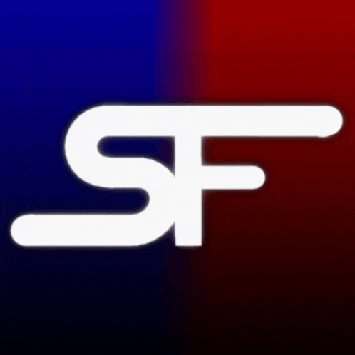 a blue and red background with a white letter sf on it