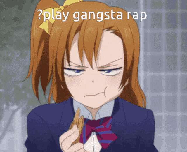 a girl in a school uniform is making a funny face with the words play gangsta rap below her