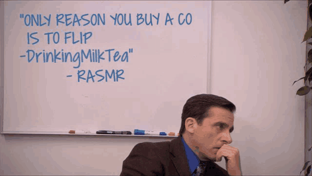 a man sits in front of a whiteboard that says " only reason you buy a go is to flip drinking milk tea "