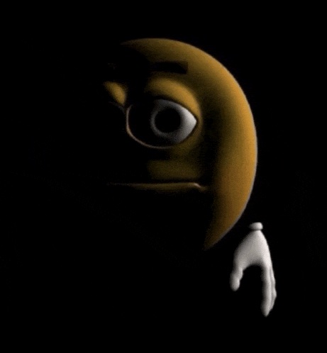 a cartoon smiley face with a white hand is standing in the dark .