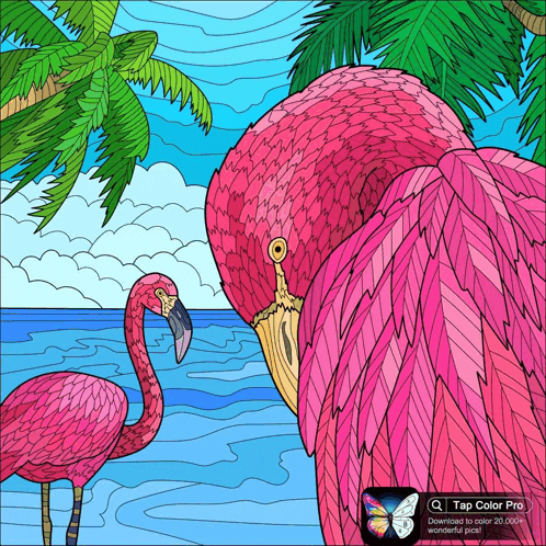 a drawing of flamingos on a beach with a tap color pro app icon