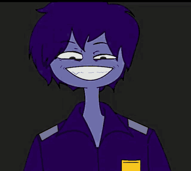 a cartoon character with purple hair and a yellow patch on his chest