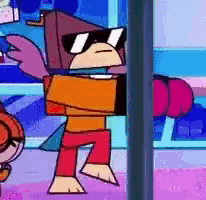 a cartoon character wearing sunglasses is standing in a room