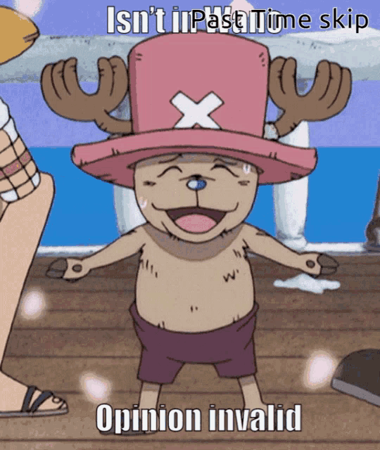 tony tony chopper from one piece is wearing a pink hat and purple shorts