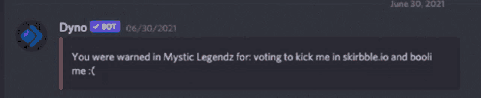 a screenshot of a discord message that says ' you were warned in mystic legendz '