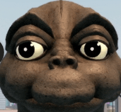 a close up of a cartoon character with big eyes