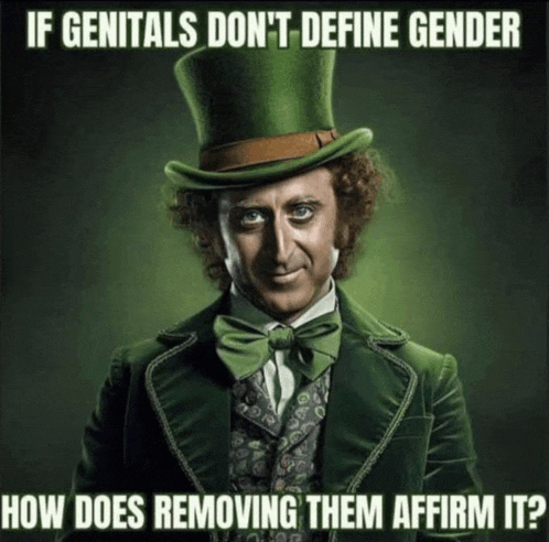 a picture of a man in a green top hat with the caption if genitals don t define gender