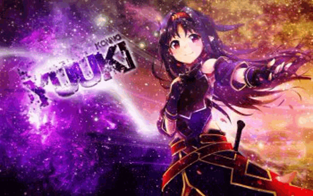 a girl with long black hair is holding a sword in front of a galaxy background .