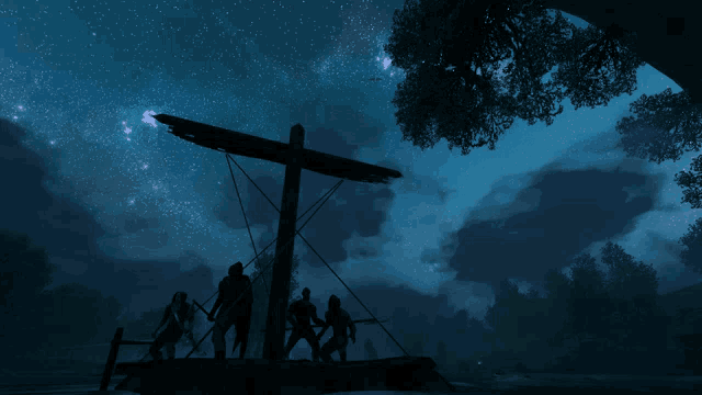 a group of people on a boat under a starry night sky