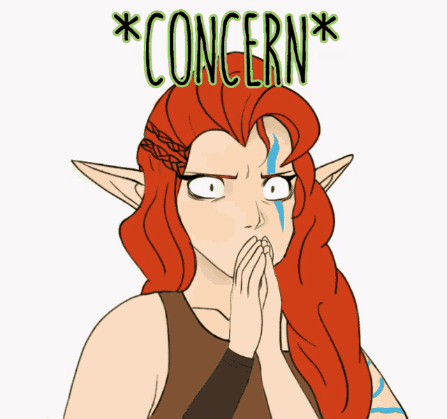 a drawing of a woman with red hair and the words concern written above her
