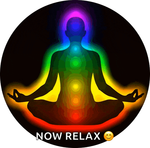 a silhouette of a person in a lotus position with the words " now relax " below it