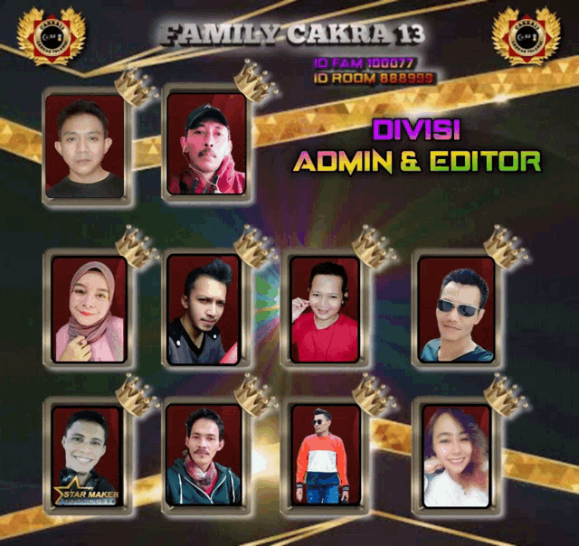 a poster for family cakra 13 shows the admin and editor of the group