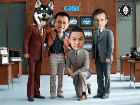 a group of men in suits and a dog with their faces on their heads are posing for a picture in an office .