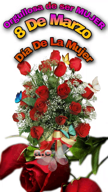 a bouquet of red roses with the words orgullosa de ser mujer dia de la mujer above it