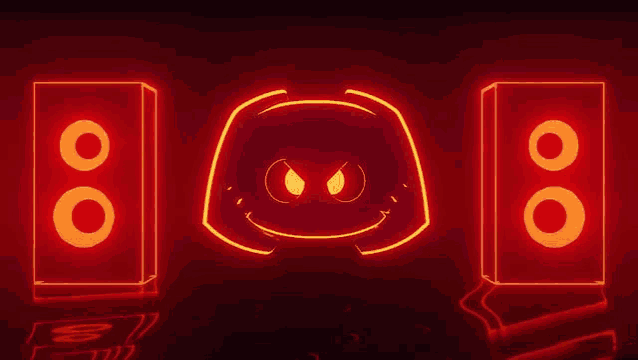 a neon discord logo is surrounded by speakers on a dark background .