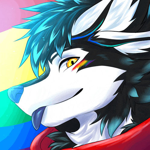 a drawing of a wolf with a rainbow colored eye and tongue sticking out