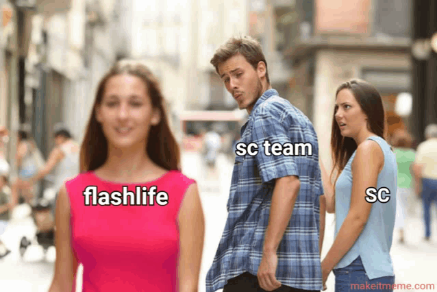 a man and two women are walking down a street with the words sc team flashlife and sc written on the bottom