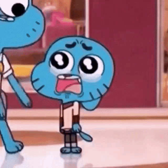 gumball from the amazing world of gumball is crying and standing next to a cartoon character .