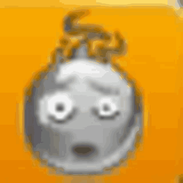 a close up of a cartoon face with a flame coming out of it on a yellow background .