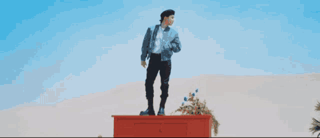 a man is standing on top of a red box with flowers on it .