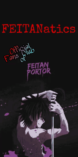 a poster for feitanatics shows a man holding a sword in his hand